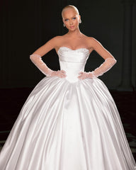 Elegant White Ball Gown Sweetheart Sleeveless Beaded Satin Ruffles Long Wedding Dress With Pearls