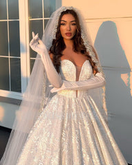 Elegant White Ball Gown V-Neck Sleeveless Beaded Lace Long Wedding Dress