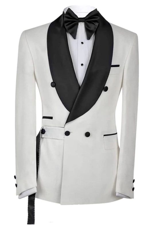 Elegant White Double Breasted Groom's Suit With Black Shawl Collar