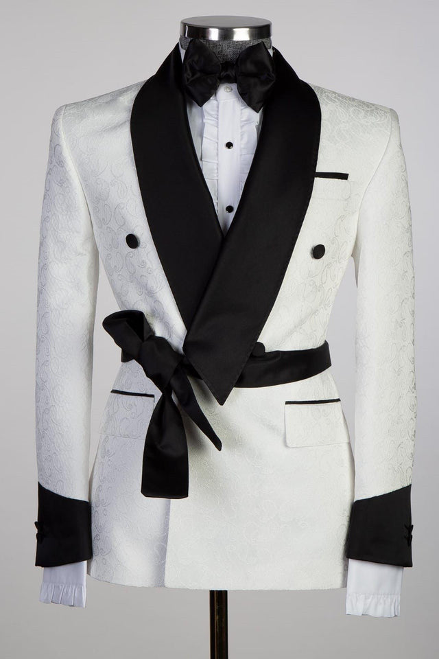 Elegant White Double-Breasted Shawl Lapel Jacquard Wedding Men’s Suit