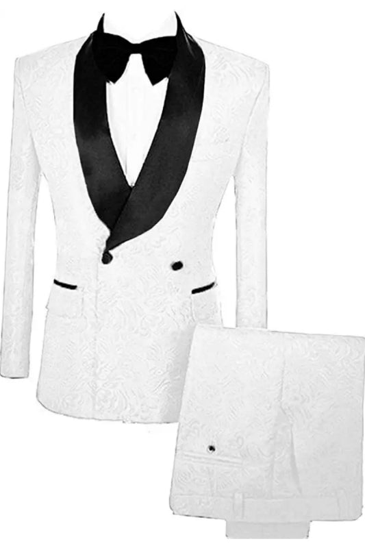 Elegant White Double-Breasted Velvet Jacquard Groom Suit