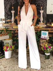 Elegant White Halter V-Neck Wide-Leg Long Jump Suit