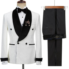Elegant White Jacquard Double Breasted Groom's Wedding Suit With Black Velvet Lapel