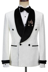 Elegant White Jacquard Double Breasted Groom's Wedding Suit With Black Velvet Lapel