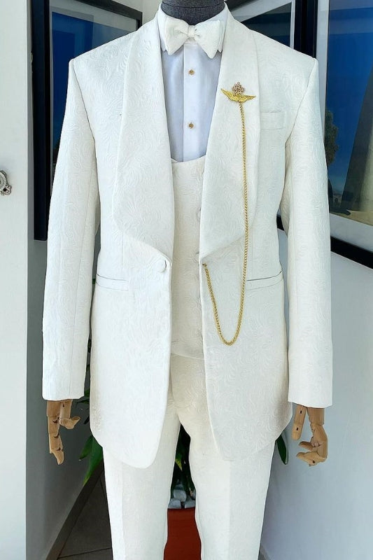 Elegant White Jacquard Shawl Collar Three-Piece Wedding Attire