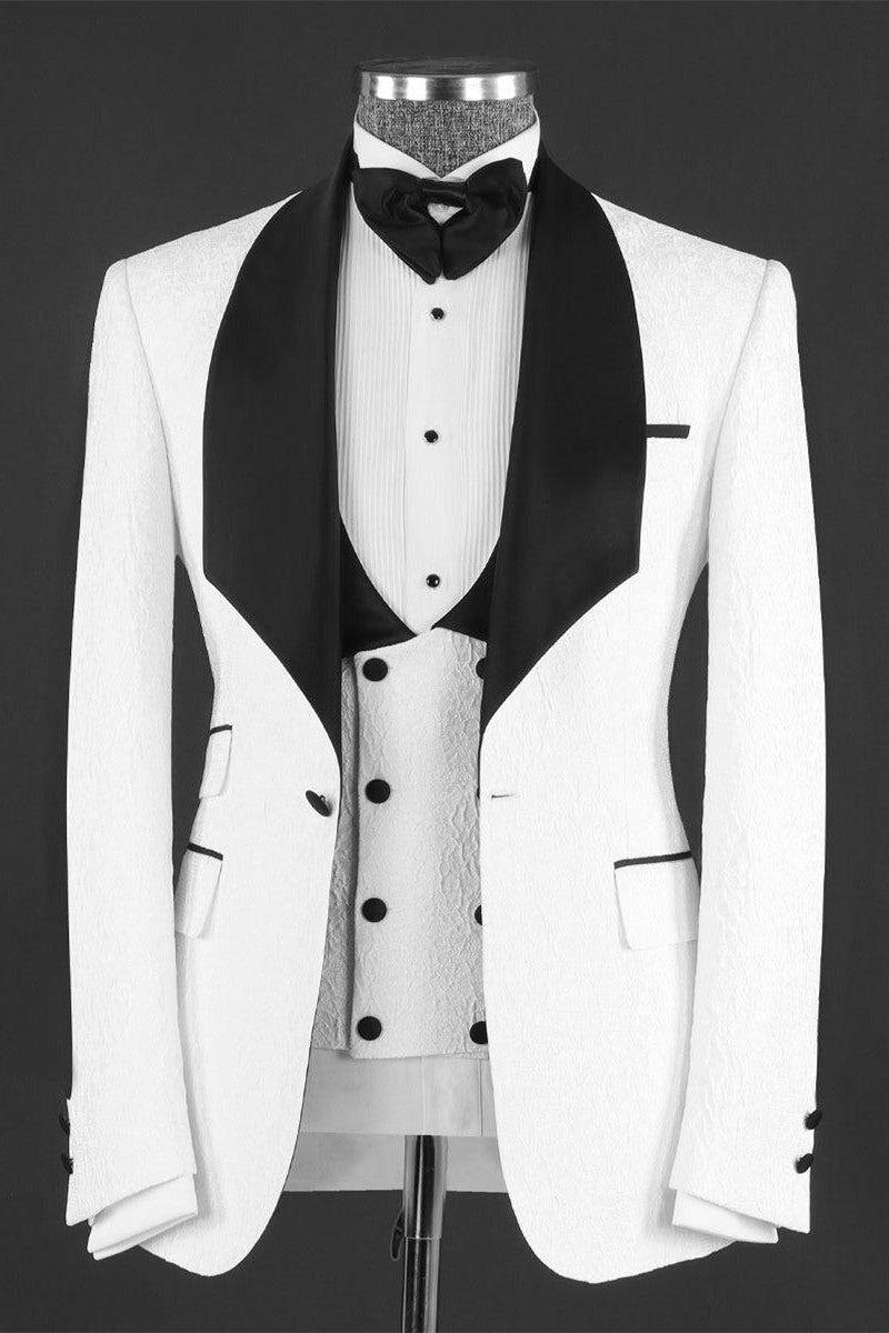 Elegant White Jacquard Three-Piece Wedding Suit with Shawl Lapel