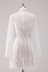 Elegant White Lace High Neck Corset Mini Homecoming Dress with Long Sleeves