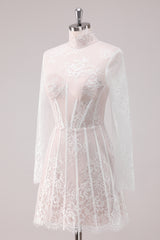 Elegant White Lace High Neck Corset Mini Homecoming Dress with Long Sleeves