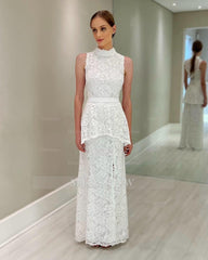 Elegant White Lace High-Neck Suit Sleeveless Floor-Length Mother of the Bride Dress With Slit