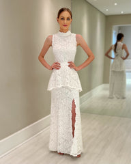 Elegant White Lace High-Neck Suit Sleeveless Floor-Length Mother of the Bride Dress With Slit