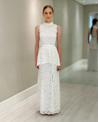 Elegant White Lace High-Neck Suit Sleeveless Floor-Length Mother of the Bride Dress With Slit