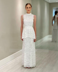 Elegant White Lace High-Neck Suit Sleeveless Floor-Length Mother of the Bride Dress With Slit