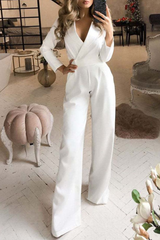 Elegant White Long V-Neck Daily Jump Suit With Sleeves