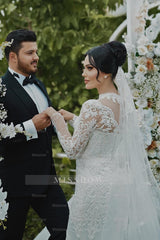 Elegant White Mermaid High-Neck Lace Long Sleeves Sequined Tulle Wedding Dresses With Appliques