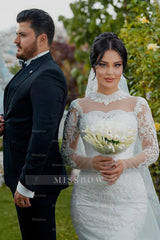 Elegant White Mermaid High-Neck Lace Long Sleeves Sequined Tulle Wedding Dresses With Appliques