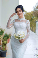 Elegant White Mermaid High-Neck Lace Long Sleeves Sequined Tulle Wedding Dresses With Appliques