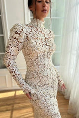 Elegant White Mermaid High-Neck Long Sleeves Floor-Length Lace Wedding Dresses With Pearls