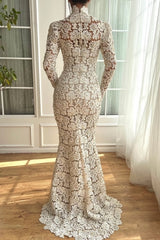 Elegant White Mermaid High-Neck Long Sleeves Floor-Length Lace Wedding Dresses With Pearls