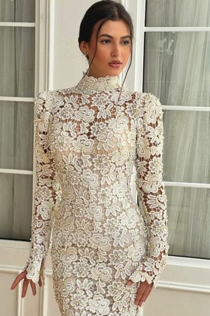 Elegant White Mermaid High-Neck Long Sleeves Floor-Length Lace Wedding Dresses With Pearls