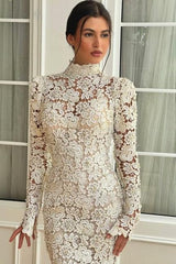 Elegant White Mermaid High-Neck Long Sleeves Floor-Length Lace Wedding Dresses With Pearls