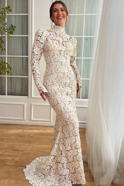 Elegant White Mermaid High-Neck Long Sleeves Floor-Length Lace Wedding Dresses With Pearls