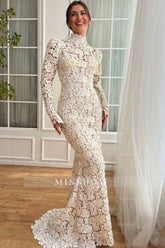 Elegant White Mermaid High-Neck Long Sleeves Floor-Length Lace Wedding Dresses With Pearls
