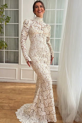 Elegant White Mermaid High-Neck Long Sleeves Floor-Length Lace Wedding Dresses With Pearls