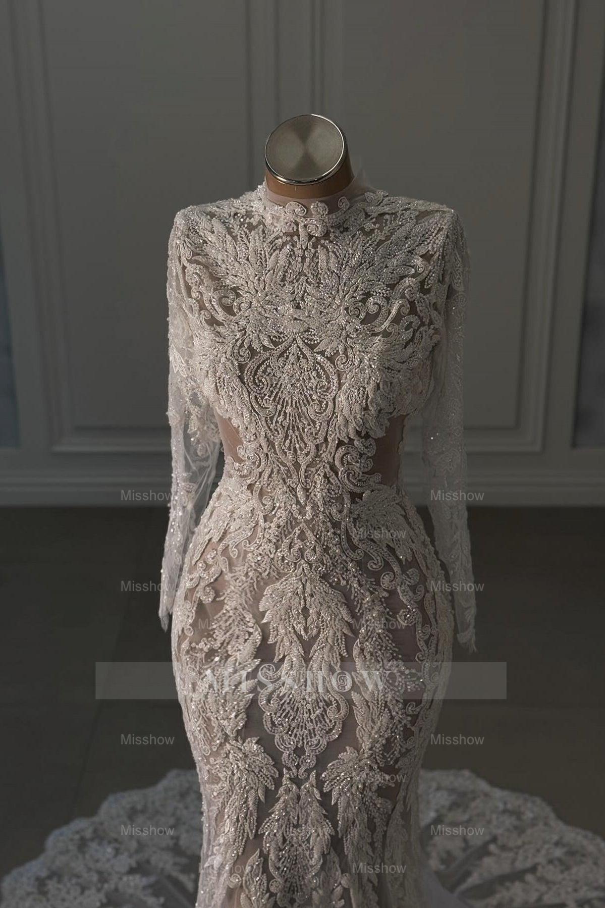 Elegant White Mermaid Lace Beaded High-Neck Long Sleeves Chapel Train Wedding Dresses
