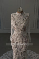 Elegant White Mermaid Lace Beaded High-Neck Long Sleeves Chapel Train Wedding Dresses