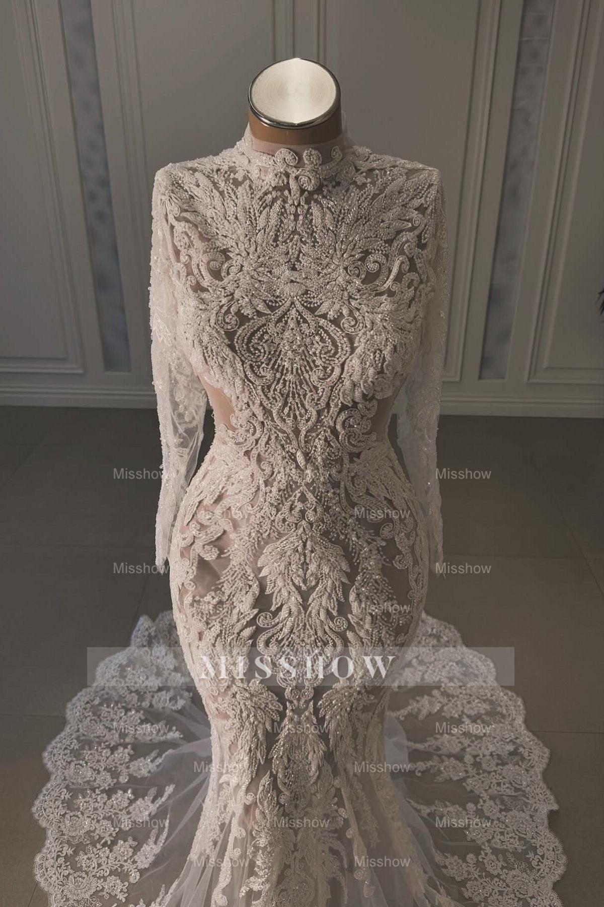 Elegant White Mermaid Lace Beaded High-Neck Long Sleeves Chapel Train Wedding Dresses