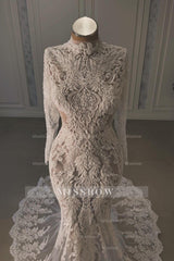 Elegant White Mermaid Lace Beaded High-Neck Long Sleeves Chapel Train Wedding Dresses