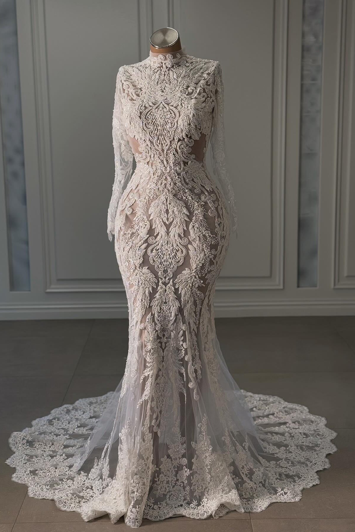 Elegant White Mermaid Lace Beaded High-Neck Long Sleeves Chapel Train Wedding Dresses