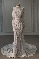 Elegant White Mermaid Lace Beaded High-Neck Long Sleeves Chapel Train Wedding Dresses