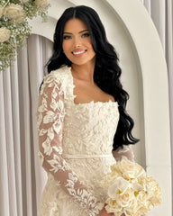 Elegant White Mermaid Lace Square Long Sleeves Beaded Long Wedding Dresses With Pearls