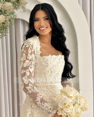 Elegant White Mermaid Lace Square Long Sleeves Beaded Long Wedding Dresses With Pearls