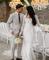 Elegant White Mermaid Lace Square Long Sleeves Beaded Long Wedding Dresses With Pearls