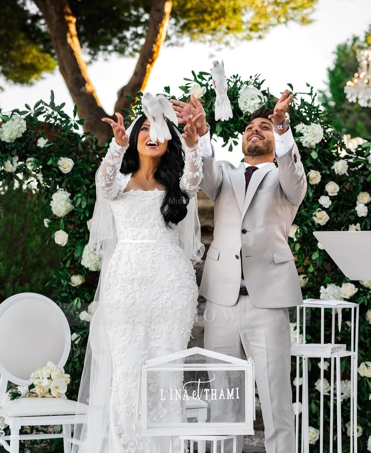 Elegant White Mermaid Lace Square Long Sleeves Beaded Long Wedding Dresses With Pearls