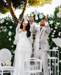 Elegant White Mermaid Lace Square Long Sleeves Beaded Long Wedding Dresses With Pearls