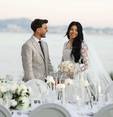 Elegant White Mermaid Lace Square Long Sleeves Beaded Long Wedding Dresses With Pearls