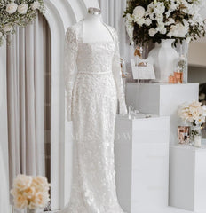 Elegant White Mermaid Lace Square Long Sleeves Beaded Long Wedding Dresses With Pearls