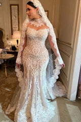 Elegant White Mermaid Long Sleeves High Neck Lace Cathedral Train Tulle Wedding Dresses