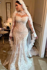 Elegant White Mermaid Long Sleeves High Neck Lace Cathedral Train Tulle Wedding Dresses
