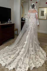 Elegant White Mermaid Long Sleeves High Neck Lace Cathedral Train Tulle Wedding Dresses