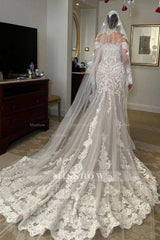 Elegant White Mermaid Long Sleeves High Neck Lace Cathedral Train Tulle Wedding Dresses
