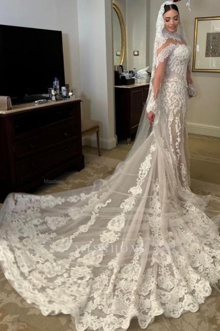 Elegant White Mermaid Long Sleeves High Neck Lace Cathedral Train Tulle Wedding Dresses