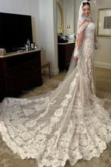 Elegant White Mermaid Long Sleeves High Neck Lace Cathedral Train Tulle Wedding Dresses