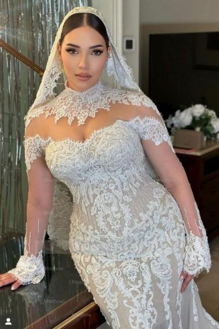 Elegant White Mermaid Long Sleeves High Neck Lace Cathedral Train Tulle Wedding Dresses
