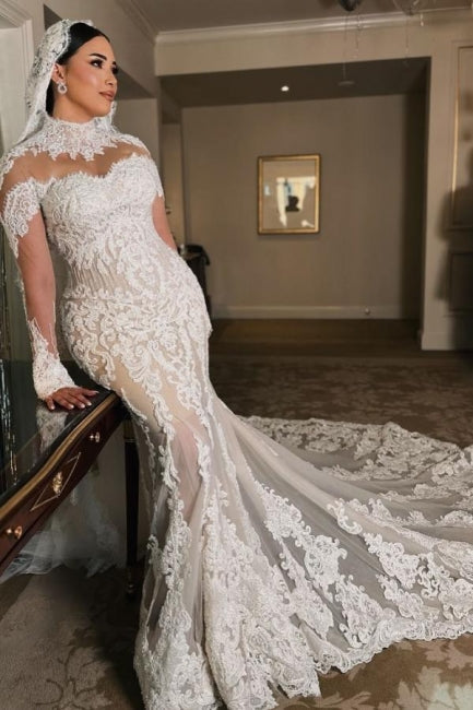 Elegant White Mermaid Long Sleeves High Neck Lace Cathedral Train Tulle Wedding Dresses