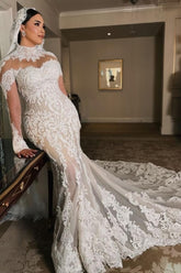 Elegant White Mermaid Long Sleeves High Neck Lace Cathedral Train Tulle Wedding Dresses