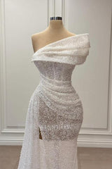 Elegant White Mermaid One-Shoulder Sleeveless Sequined Panel Train Ruffle Tulle Prom Dresses With Slit